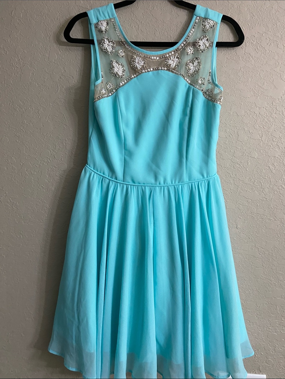Jodi Kristopher Aqua Beaded Mesh Yoke Sleeveless Dress